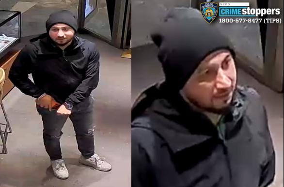 Collage of two images of two unknown individuals wanted in connection with a grand larceny incident.