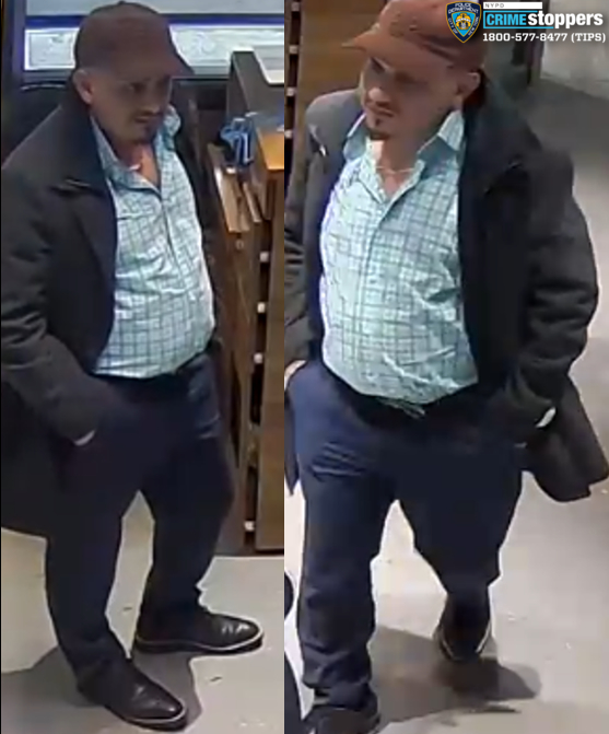 Security camera collage of a male individual wearing a brown hat, black jacket, blue shirt, dark blue pants, and black shoes.