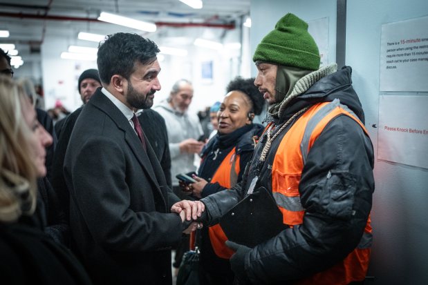Mayor Zohran Mamdani visits the 9th Avenue Drop-in Center in Manhattan on Sunday as frigid temperatures persist in the city. 