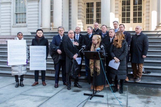 New York City Council Speaker Julie Menin and Council member Gale Brewer appear at a press conference demanding transparency on post-9/11 air quality knowledge by New York City on Thursday, Feb. 5, 2026, outside City Hall. (Emil Cohen / NYC Council Media Unit)
