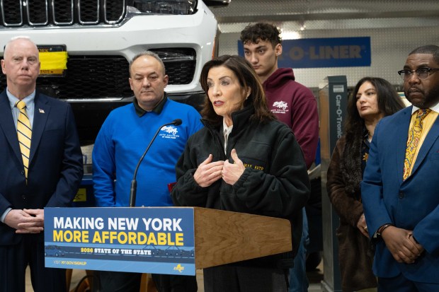 Gov. Kathy Hochul speaks to the press during a news conference on February 11, 2026, in Deer Park, New York. (Don Pollard/Office of Governor Hochul)