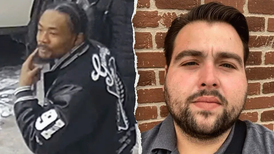 Split image of a man pointing a finger to his face (left) and a selfie of another man on the right.