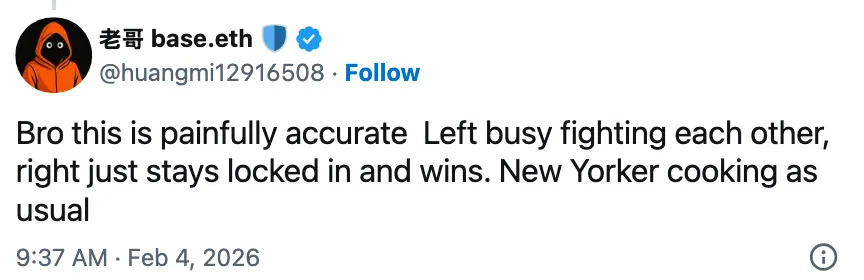 Tweet by @huangmi12961508: "Bro this is painfully accurate. Left busy fighting each other, right just stays locked in and wins. New Yorker cooking as usual."