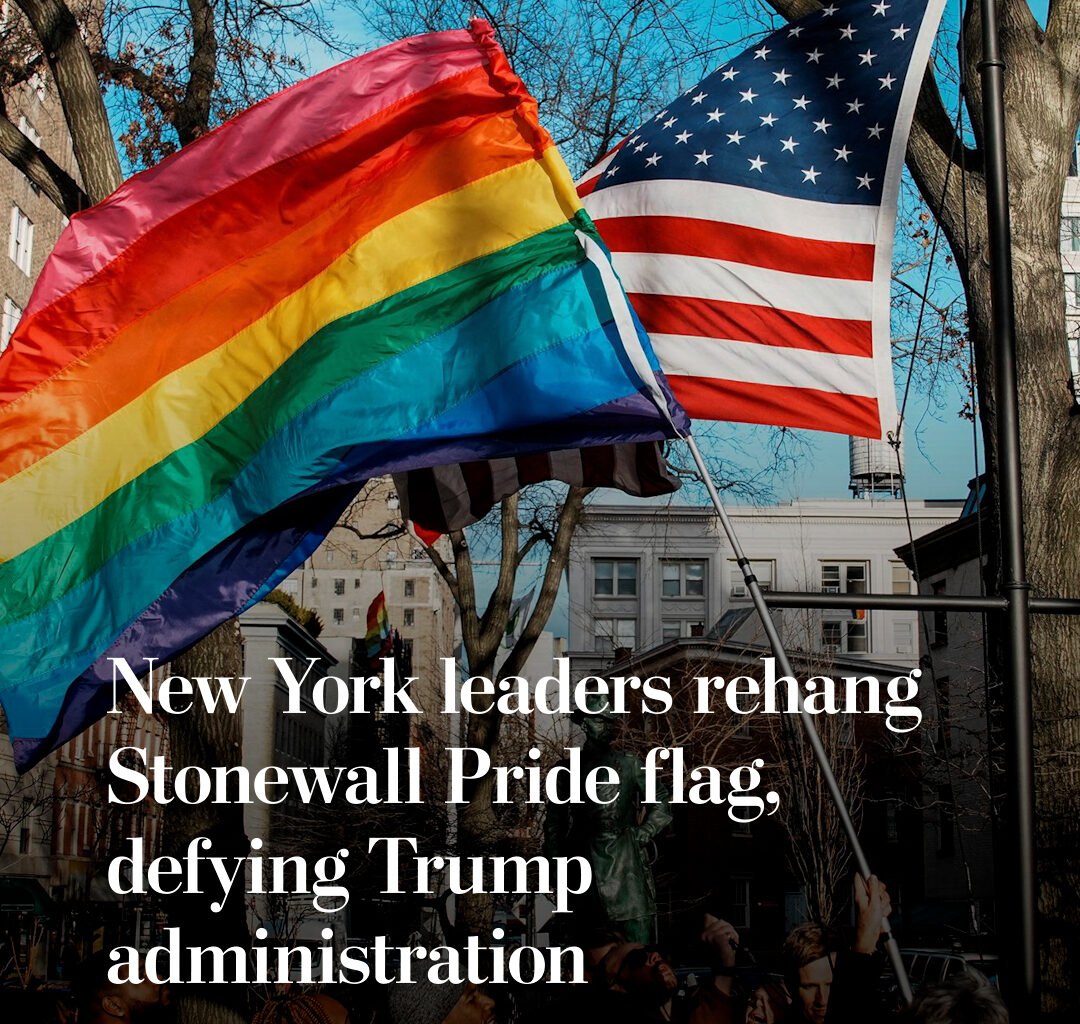 New York City leaders rehung the Pride flag in front of the Stonewall National Monument, a rebuke of the Trump administration’s efforts to take down the symbol of the LGBTQ+ rights movement from federal property. https://wapo.st/4qEXTB9 | Washington Post