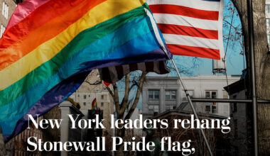New York City leaders rehung the Pride flag in front of the Stonewall National Monument, a rebuke of the Trump administration’s efforts to take down the symbol of the LGBTQ+ rights movement from federal property. https://wapo.st/4qEXTB9 | Washington Post