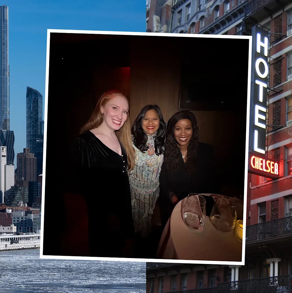 A NYC skyline with icy river; the Hotel Chelsea; a photo of three women posing at a table at a dimly lit bar.