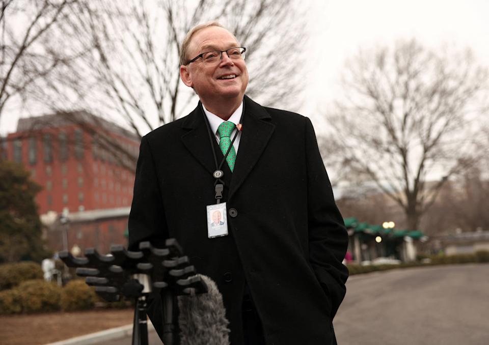 White House economic adviser Kevin Hassett speaks to the media at the White House in Washington, D.C., U.S., February 18, 2026.  REUTERS/Kevin Lamarque