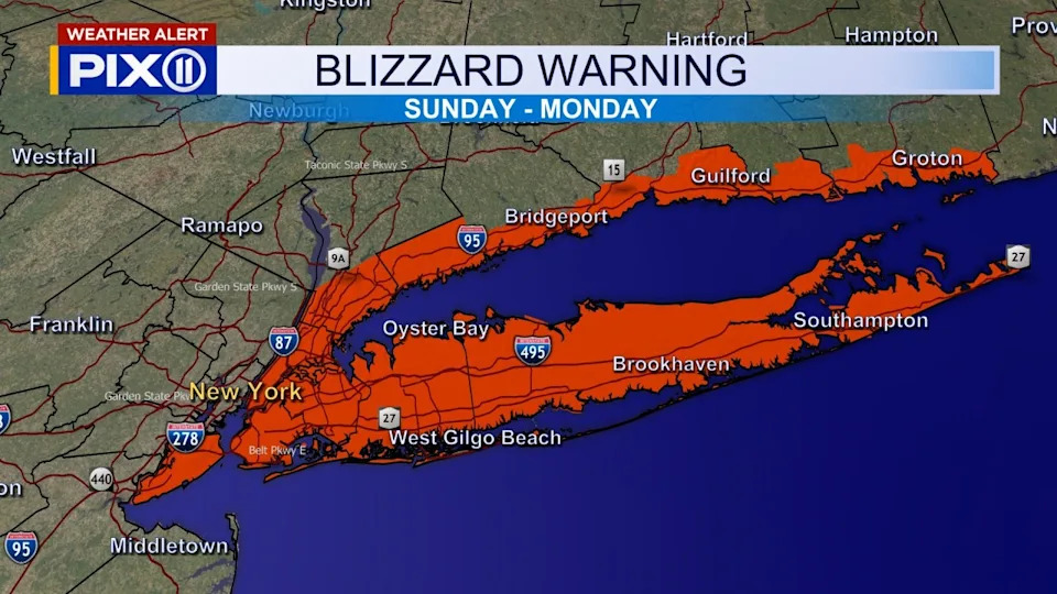 A blizzard warning has been issued for New York City and Long Island for the first time in four years as a winter nor'easter is set to bring 13 to 18 inches of snow and 55 mph winds, according to the National Weather Service and PIX11 meteorologists