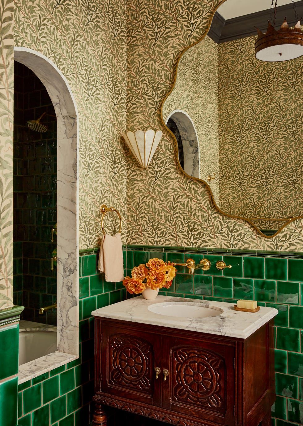 Elegant bathroom featuring vintage elements and floral design.