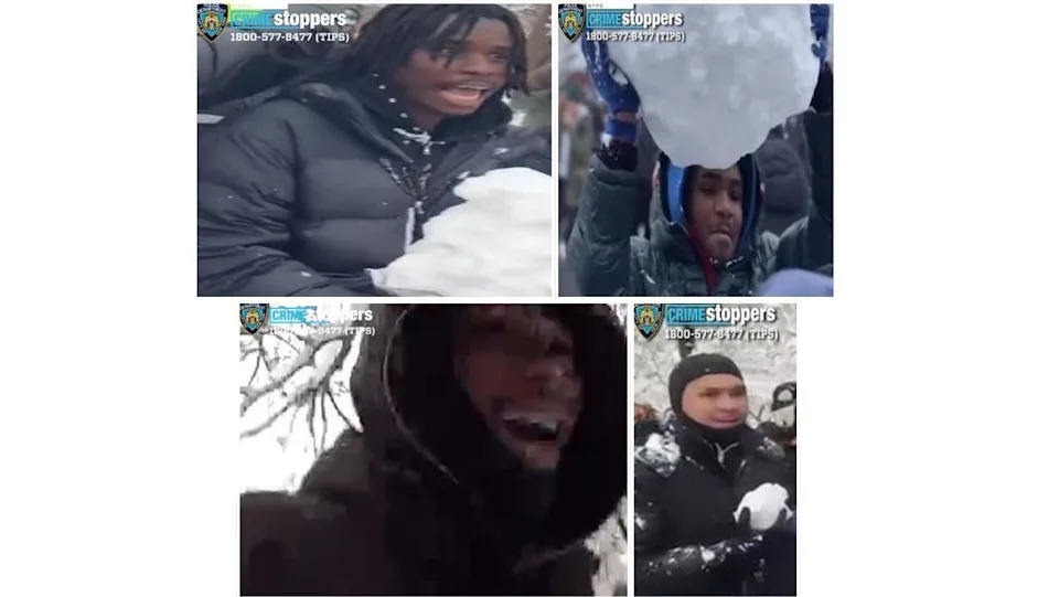 A collage of four still images of young men with a "Crime Stoppers" logo and a phone number on them