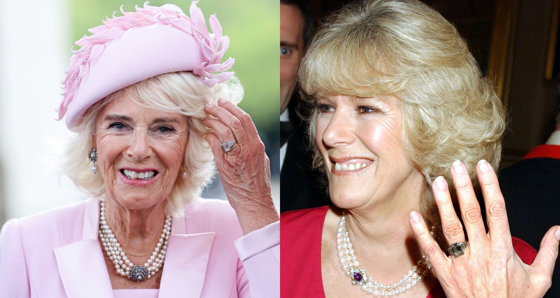 Queen Camilla in a pink coat and hat; Queen Camilla holding up her hand to show her engagement ring