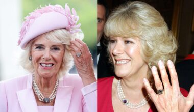 Queen Camilla in a pink coat and hat; Queen Camilla holding up her hand to show her engagement ring