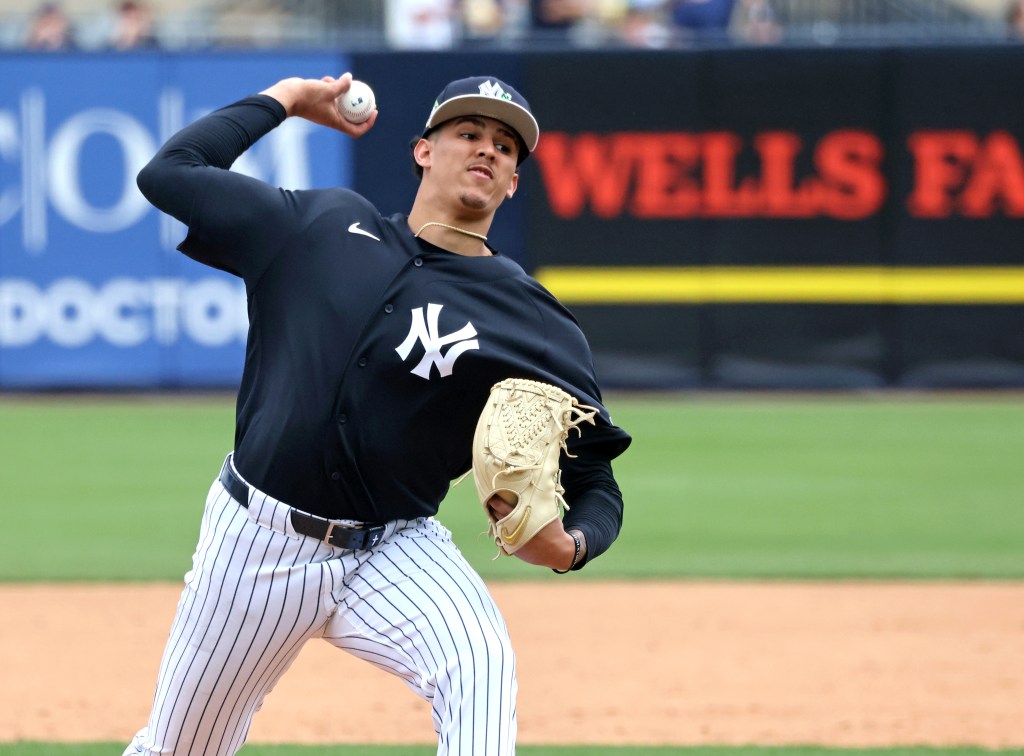 New York Yankees pitcher Carlos Lagrange #84 pitches live batting practice.