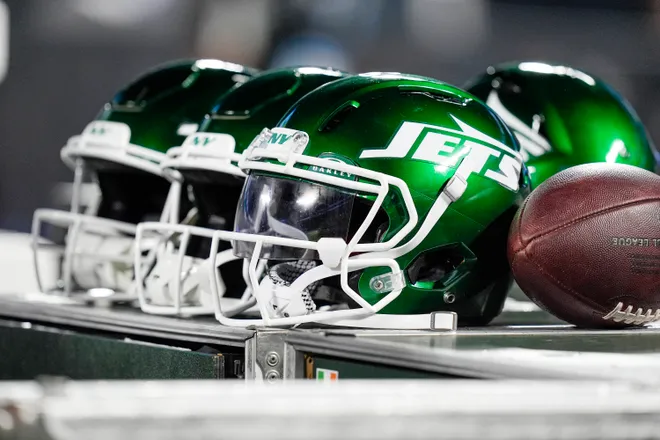 Aug 17, 2024; Charlotte, North Carolina, USA; New York Jets helmets during the second half against the Carolina Panthers at Bank of America Stadium. Mandatory Credit: Jim Dedmon-USA TODAY Sports