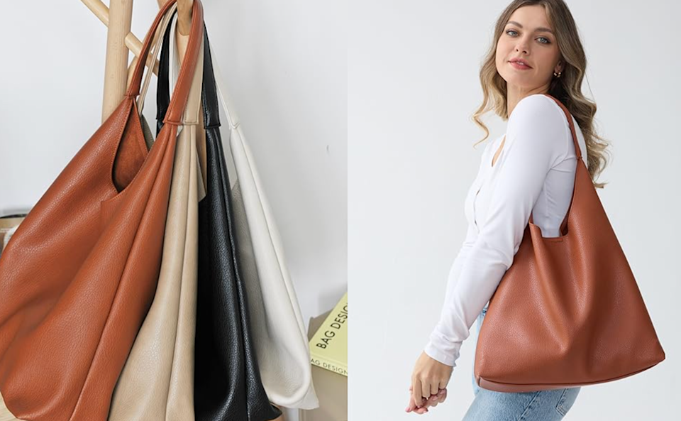 A diptych: One side shows the slouchy bag in four colors on a hook. The second shows a woman wearing it on her shoulder in a russet shade.