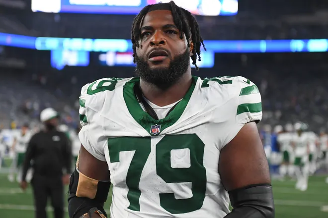 Aug 16, 2025; East Rutherford, New Jersey, USA; New York Jets offensive tackle Chukwuma Okorafor (79) following the game against the New York Giants at MetLife Stadium. Mandatory Credit: Rich Barnes-Imagn Images