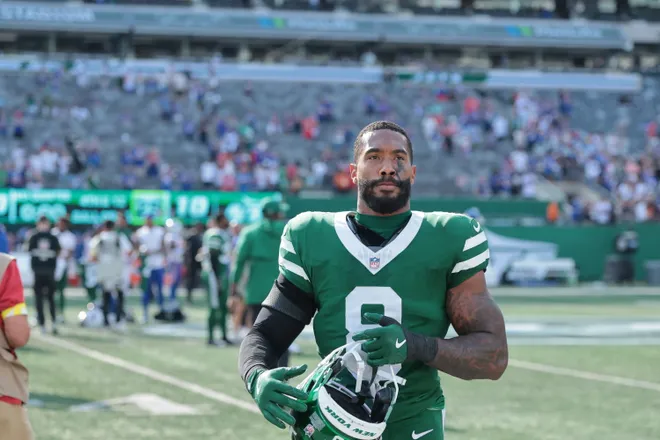 Sep 14, 2025; East Rutherford, New Jersey, USA; New York Jets safety Andre Cisco (8) after the game against the Buffalo Bills at MetLife Stadium. Mandatory Credit: Vincent Carchietta-Imagn Images