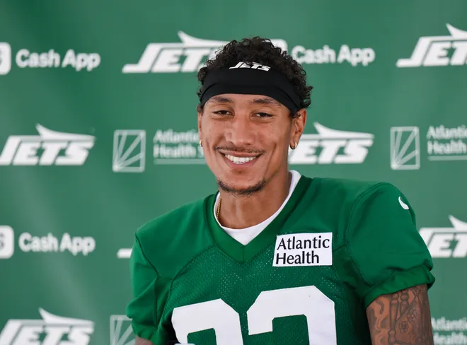 Jul 24, 2025; Florham Park, NY, USA; New York Jets wide receiver Josh Reynolds (83) speaks to the media during training camp at Atlantic Health Jets Training Center. Mandatory Credit: John Jones-Imagn Images