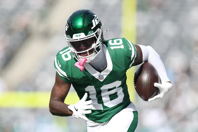 EAST RUTHERFORD, NEW JERSEY - OCTOBER 19: Tyler Johnson #16 of the New York Jets warms up prior to the game against the Carolina Panthers at MetLife Stadium on October 19, 2025 in East Rutherford, New Jersey. (Photo by Ishika Samant/Getty Images)