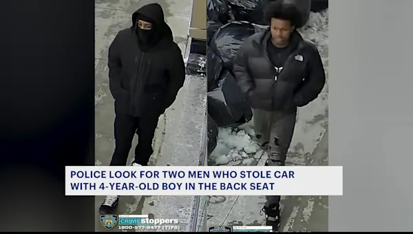 News 12 | Brooklyn | 2 men sought for stealing running car with 4-year-old boy inside