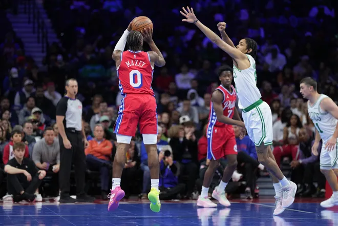 Oct 31, 2025; Philadelphia, Pennsylvania, USA; Philadelphia 76ers guard Tyrese Maxey (0) shoots the ball against the Boston Celtics in the first quarter at Xfinity Mobile Arena. Mandatory Credit: Kyle Ross-Imagn Images