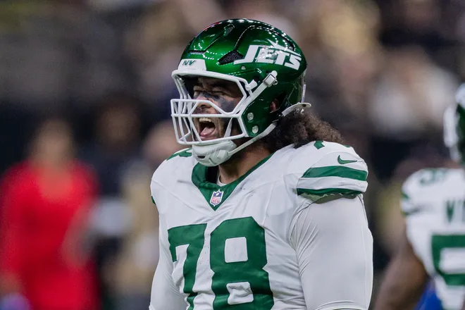 Dec 21, 2025; New Orleans, Louisiana, USA; New York Jets defensive tackle Jay Tufele (78) reacts to a fumble recovery against the New Orleans Saints during the first half at Caesars Superdome. Mandatory Credit: Stephen Lew-Imagn Images