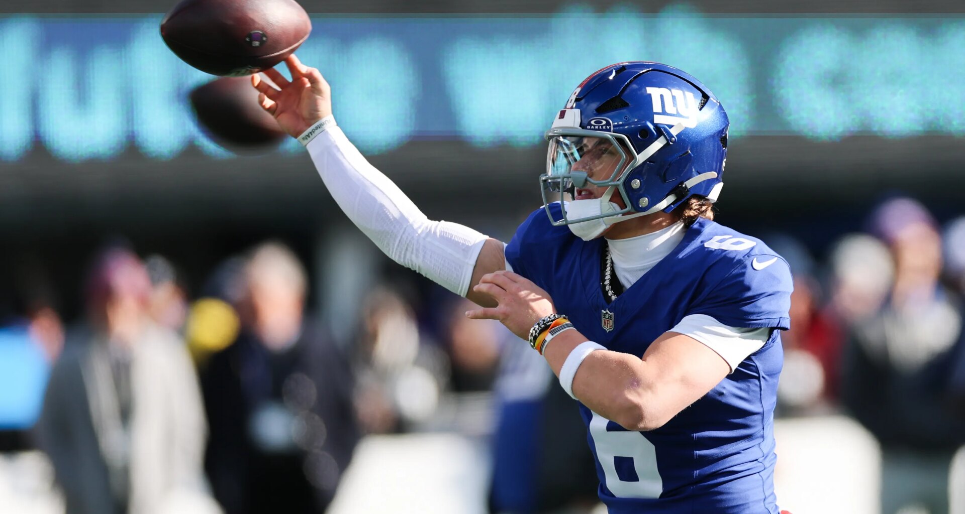 New York Giants' Jaxson Dart rides mechanical bull in Oxford