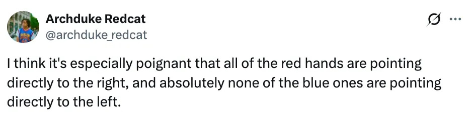 Text from a tweet by @archduke_redcat about the direction of red and blue hands pointing differently