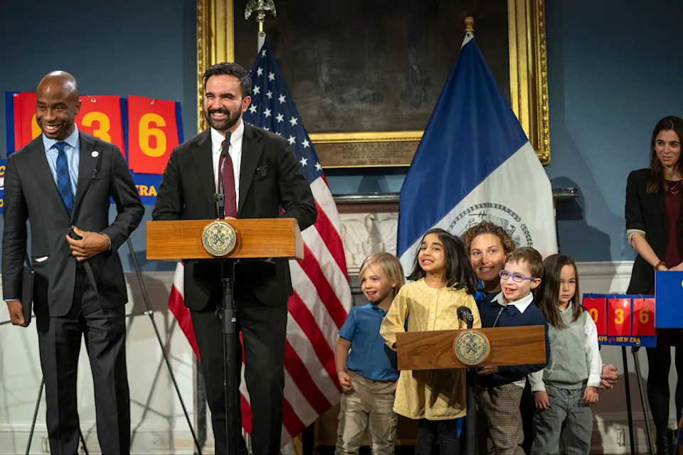 Preschoolers from District 2 Pre-K Center in Manhattan field questions from the press on Feb. 5 after Mayor Zohran Mamdani announced New York City was expanding 3-K and launching 2-K. Schools Chancellor Kamar Samuels is to the left of Mamdani and Emmy Liss, executive director of the Office of Child Care, is on the right. (X, formerly Twitter)