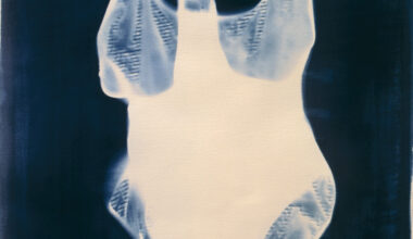 Joy Gregory, Candy Stripe Bathing Costume, from “Girl Thing,” 2002–04. Cyanotype. © Joy Gregory. Courtesy Whitechapel Gallery.