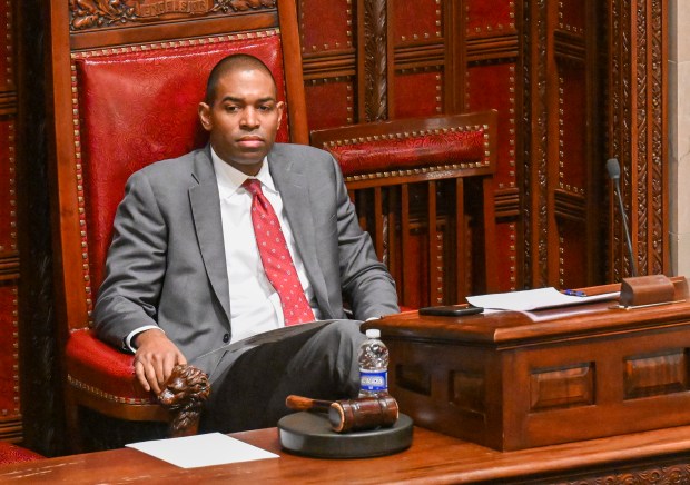 New York Lt. Gov. Antonio Delgado waits to preside over the Senate Chamber during session prior to Gov. Kathy Hochul delivering her State of the State address in the Assembly Chamber at the state Capitol, Tuesday, Jan. 10, 2023, in Albany, N.Y. (AP Photo/Hans Pennink)
