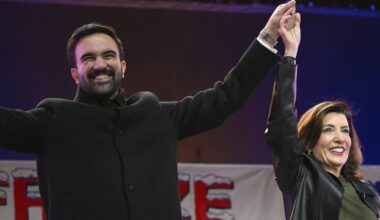 Zohran Mamdani and Kathy Hochul at a rally in Queens on October 26, 2025.