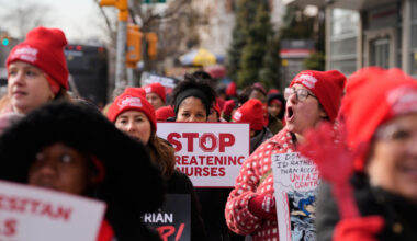 Striking nurses and supporters demonstrate outside NewYork-Presbyterian Hospital in New York, Thursday, Jan. 22, 2026. Photo: Seth Wenig/AP