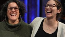 Rabbi Felicia Sol, left, senior rabbi of B'nai Jeshurun, and Rebecca Weintraub, the congregation's assistant rabbi, laugh during a Hannukah party held at the synagogue in New York, on Tuesday, Dec. 16, 2025. 