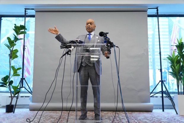 Rev. Al Sharpton speaks to reporters about Jesse Jackson during a news conference in New York, Tuesday, Feb. 17, 2026. (AP Photo/Seth Wenig)