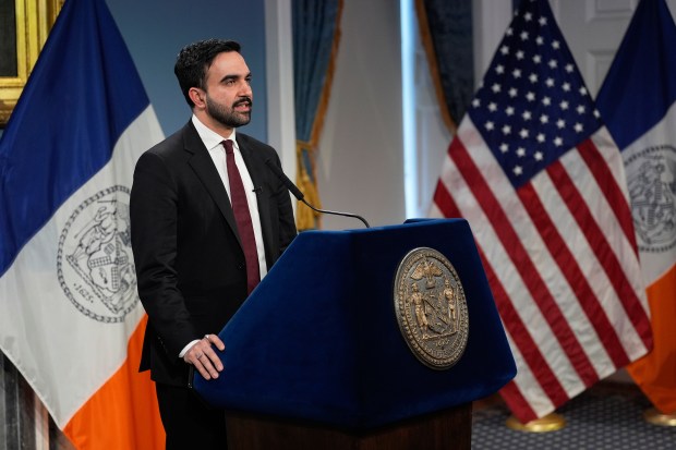 Mayor Zohran Mamdani speaks to reporters about New York City's finances during a news conference at City Hall in Manhattan on Tuesday, Feb. 17, 2026. (AP Photo/Seth Wenig)
