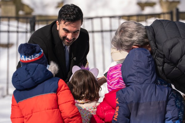 New York City Mayor Zohran Mamdani visits with students of the Pre-K and 3-K programs during a press conference in Morningside Heights in New York, Wednesday, Feb. 25, 2026. (AP Photo/Yuki Iwamura)