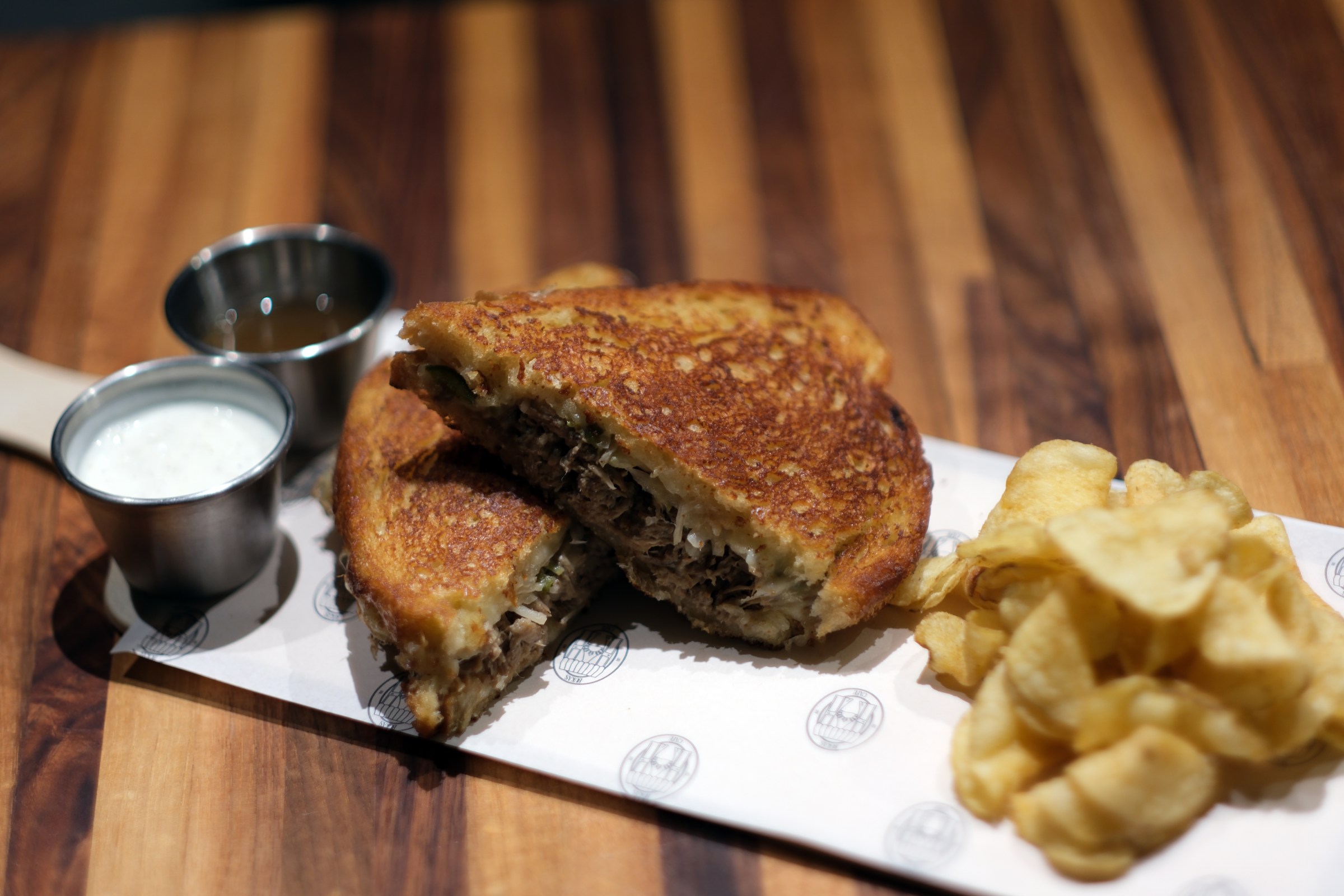 A sandwich on a plate.