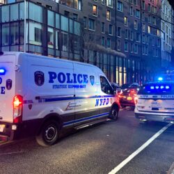 Police vehicles, including this van belonging to the Strategic Response Group, cruised Furman Street next to Brooklyn Bridge Park following chaotic crowds and a stabbing in the park on Saturday. Photo: Mary Frost, Brooklyn Eagle