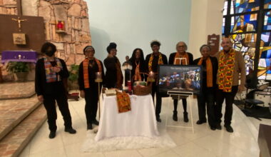 Some of the faithful gathered for a group photo after the Black History Month Mass at Holy Cross Church in the Bronx, Sunday, February 22, 2026.