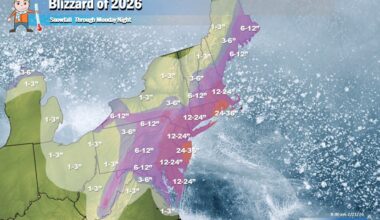 Widespread areas of 1-2 feet of snow are expected from the Blizzard of 2026; some parts of New Jersey, New York, and southeastern New England could see over 2 feet of snow by Monday afternoon. Image: Weatherboy