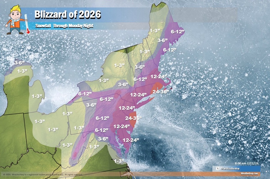 Widespread areas of 1-2 feet of snow are expected from the Blizzard of 2026; some parts of New Jersey, New York, and southeastern New England could see over 2 feet of snow by Monday afternoon. Image: Weatherboy