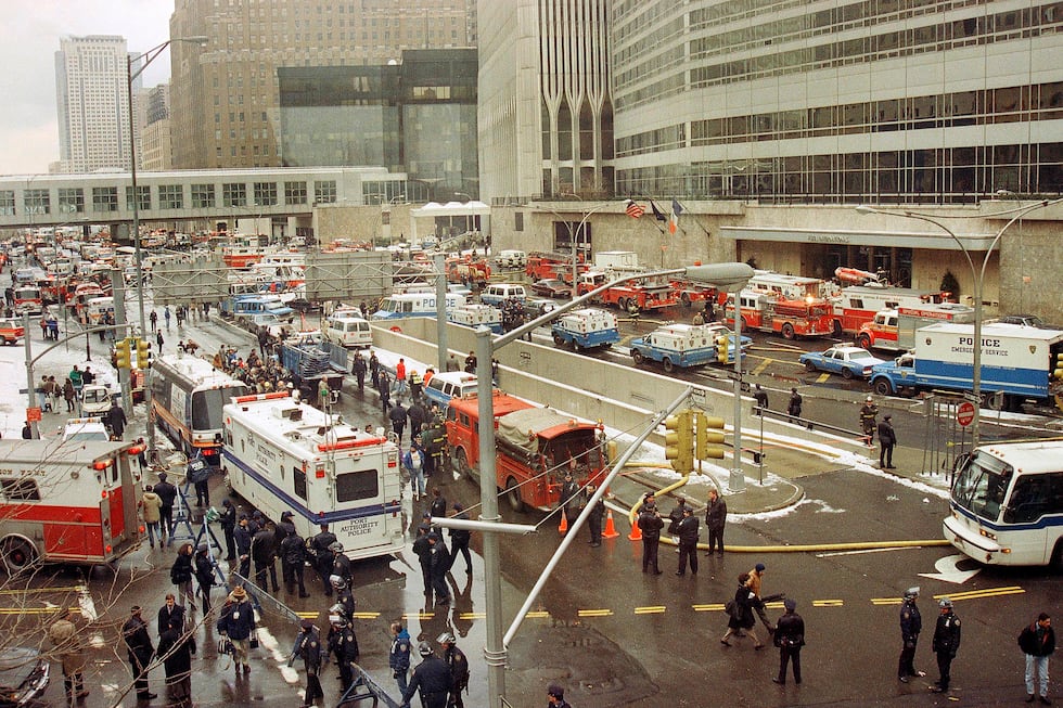 FILE - In this Feb. 26, 1993 file photo, emergency vehicles and personnel fill New York's West...