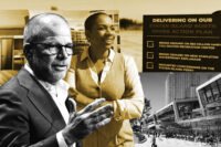 New York City Economic Development Corporation President Andrew Kimbal, New York City Councilmember Kamillah Hanks with a rendering of Staten Island North Shore