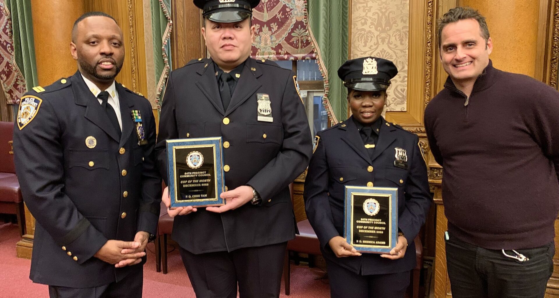 From left: 84th Precinct Commanding Officer Erek Powers, police officer Chee Tam, police officer Shenica Adams and Council President Peter Lanfranca. Tam and Adams were honored as Cops of the Month for December 2025. Photo: Mary Frost/Brooklyn Eagle