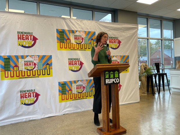 Elected officials, including Assemblymember Sarahana Shrestha, D-Esopus, Ulster County Executive Jen Metzger,  pictured here, joined advocacy groups New Yorkers for Clean Park and For The Many, calling on Gov. Kathy Hochul to repeal the 100-Foot-Rule, which forces utility ratepayers to pay for new natural gas hookups, at an event at Energy Square in Midtown Kingston on Thursday, Oct. 30, 2025. (Brian Hubert, Daily Freeman)