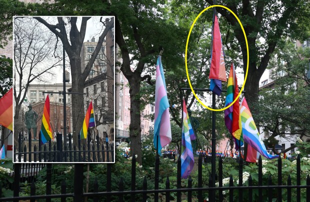 A rainbow pride flag has been removed from the Stonewall National Monument in Greenwich Village because of a directive from the Trump administration. (Luiz C. Ribeiro for New York Daily News; Sheetal Banchariya / NYDN)