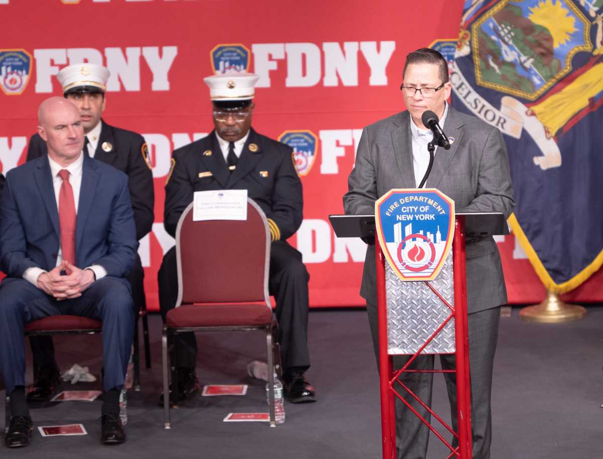 FDNY Commissioner Lillian Bonsignore delivers a speech during the latest FDNY Probie Graduation at Christian Cultural Center on February 11, 2026.