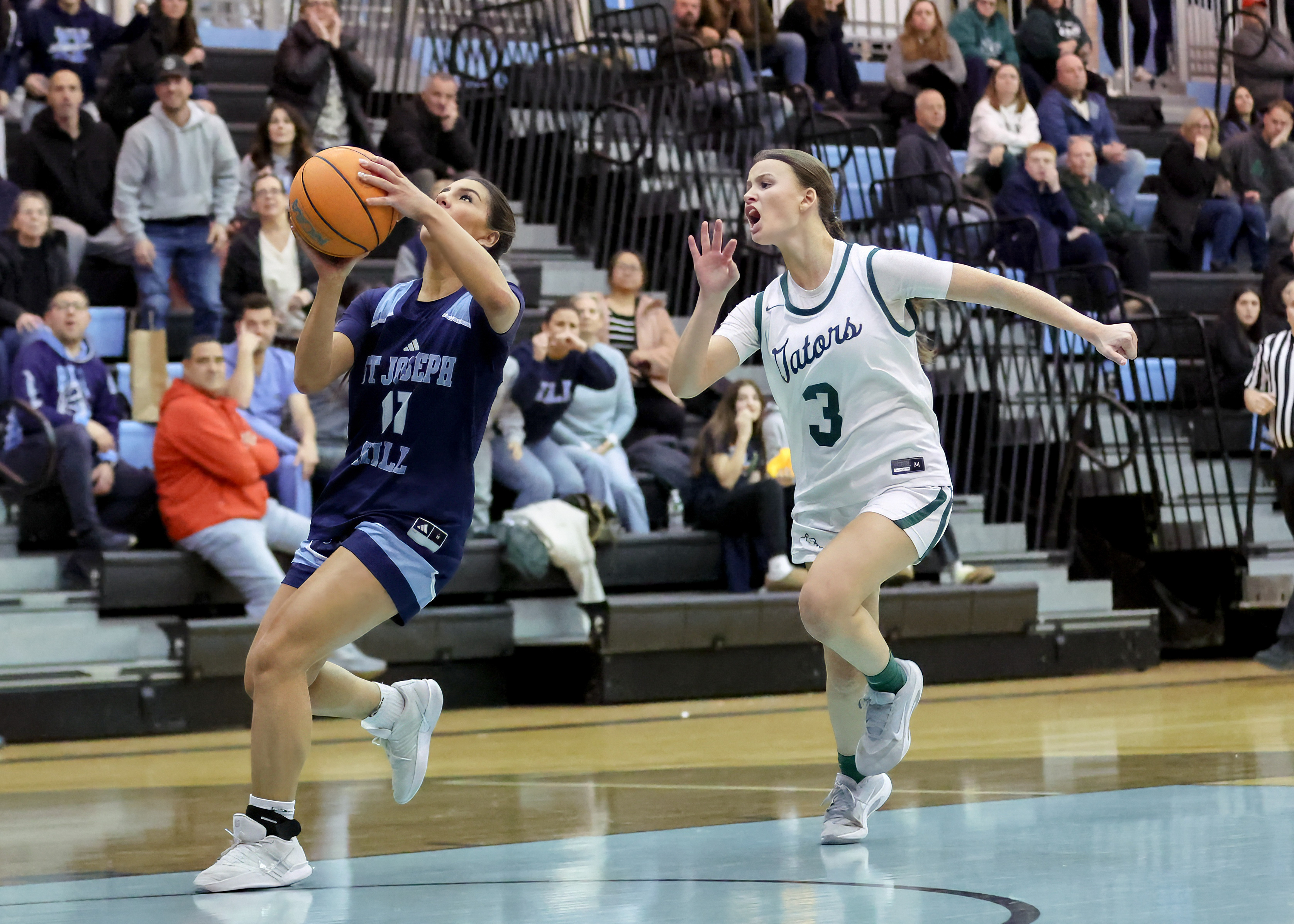 St. Joseph Hill's Brielle Longo hits a fastbreak layup on Notre Dame Academy in the CHSAA Archdioscesan AA playoff semifinal at the College of Staten Island in Willowbrook on Thursday, Feb. 19, 2026. (Advance/SILive.com | Jason Paderon)