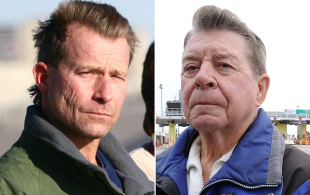 Retired firefighters and Broad Channel natives, Dan Mundy Jr., left, and Dan Mundy Sr., have been able to take out their ice boat to sail on the frozen Jamaica Bay for the first time in 12 years amid the city's prolonged cold spell. (Anthony DelMundo; Christie M. Farriella for New York Daily News)